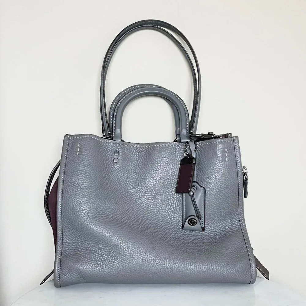 Coach Rogue 25 Grey Purple Colorblock Genuine Pebble Leather Satchels Handbags - Picture 8 of 16